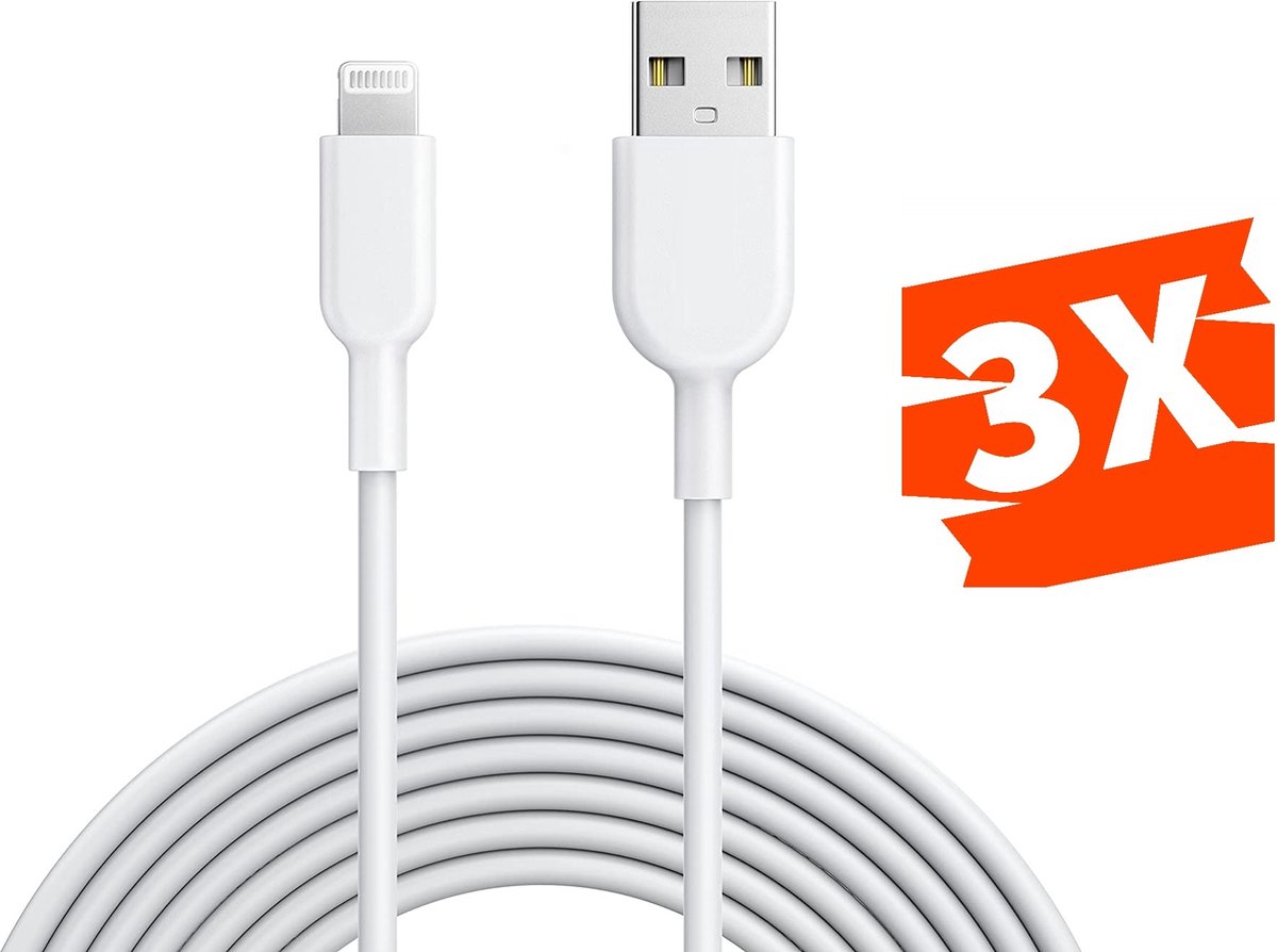 3-PACK iPhone oplader kabel - 3 Meter - Geschikt voor Apple iPhone 6,7,8,X,XS,XR,11,12,13,Mini,Pro Max- iPhone kabel - iPhone oplaadkabel - iPhone snoertje - iPhone lader - Datakabel - Lightning USB kabel