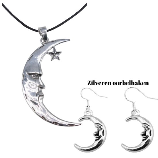 Set-Ketting en Oorbellen-Maan-Lange ketting-Zilver Oorbelhaak-Charme Bijoux