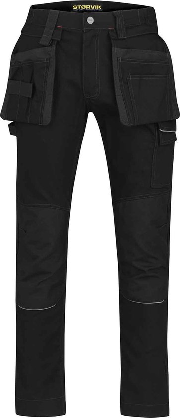 Pantalon de travail noir avec poches amovibles, genoux renforcés et détails réfléchissants.