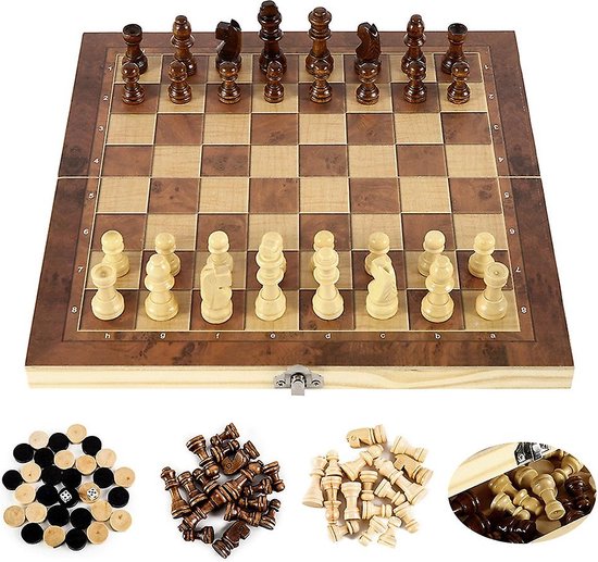 Thumbnail van een extra afbeelding van het spel 3 IN 1 Houten Internationale Schaakset - Backgammon Bordspellen - Dammen Puzzelspel - Opvouwbaar Schaakbord
