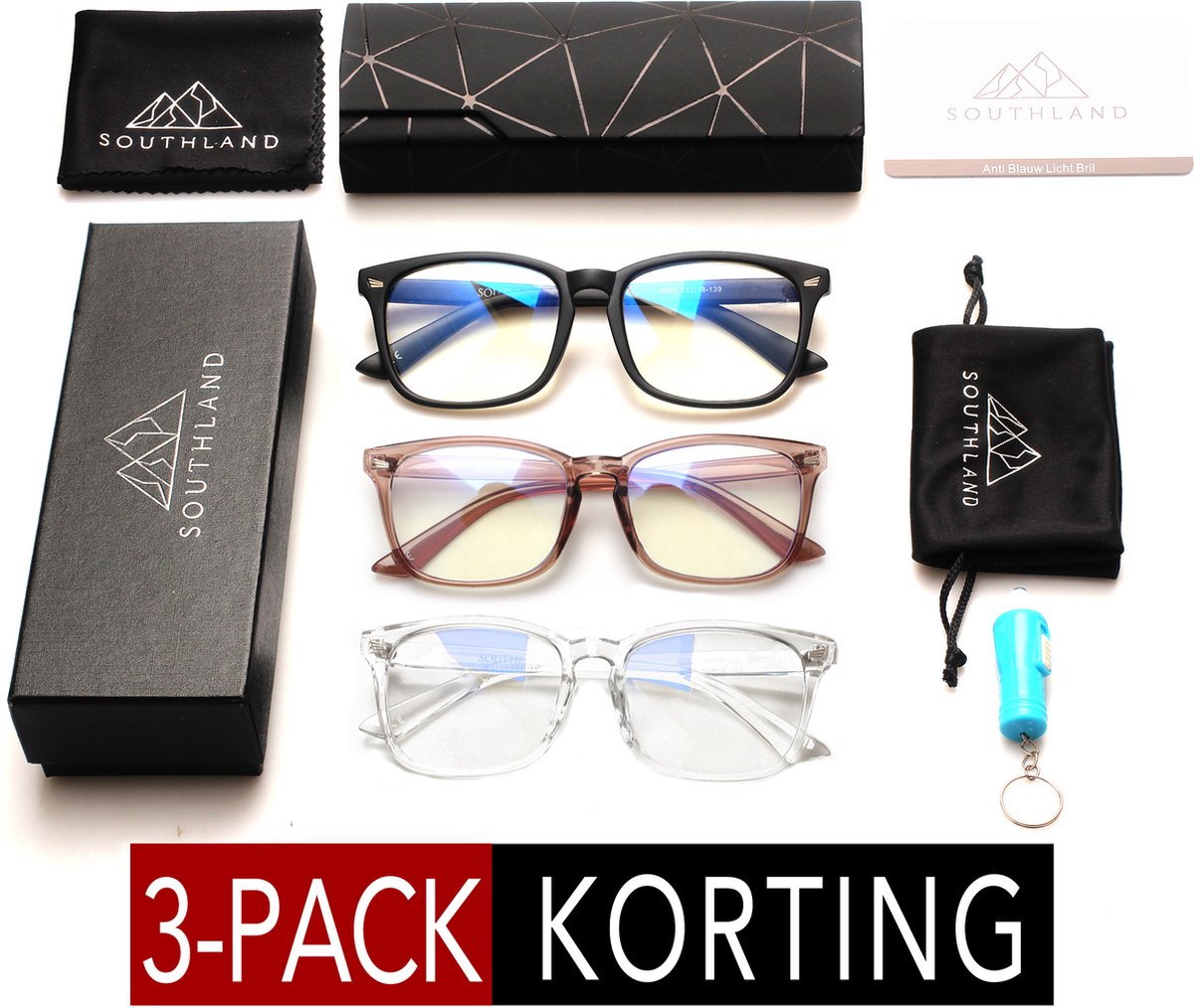 Southland Computerbril 3 Pack - Blauw Licht Bril - Blauw Licht Filter Bril - Blue Light Glasses - Beeldschermbril - Blue Light Filter Bril