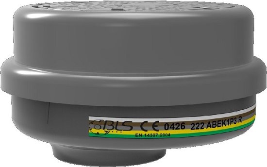 Grijs BLS 222 ABEK1P3 R filter met CE 0426 en EN 14387-2004 keurmerk.