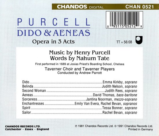 Emma Kirkby, Judith Nelson, David Thomas, Taverner Choir, Andrew Parrott - Purcell: Dido & Aeneas (CD)