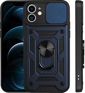 Hoesje Geschikt voor iPhone 13 Mini Hoesje met Camera Bescherming Blauw – met ring houder Rugged Armor Back Cover - Case - Camera Schuif
