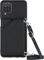 Samsung Galaxy A12 Hoesje Portemonnee Back Cover met Koord Zwart