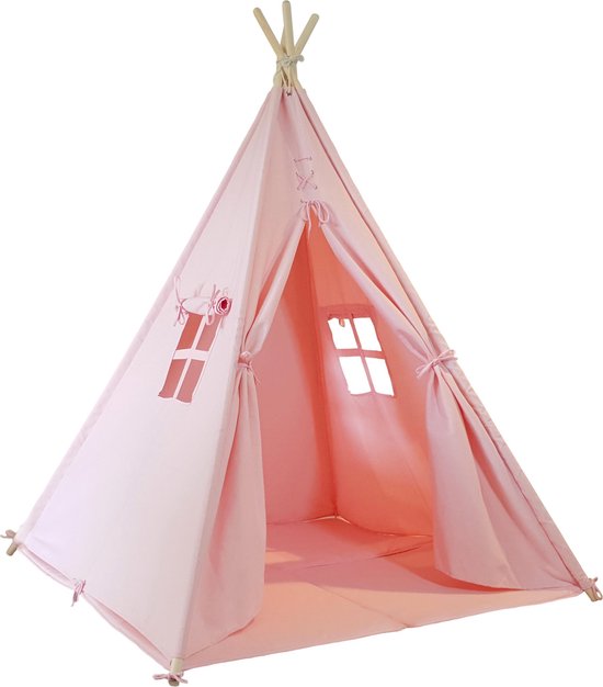 Sunny Alba Tipi Tent Pastel Roze - Wigwam Speeltent met ramen - 120x120x160cm - met Kussen kleed