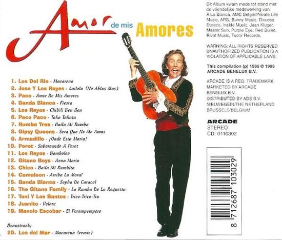 Achterkant van het album 'Amor de mis Amores '96' met tracklist en een gitarist.