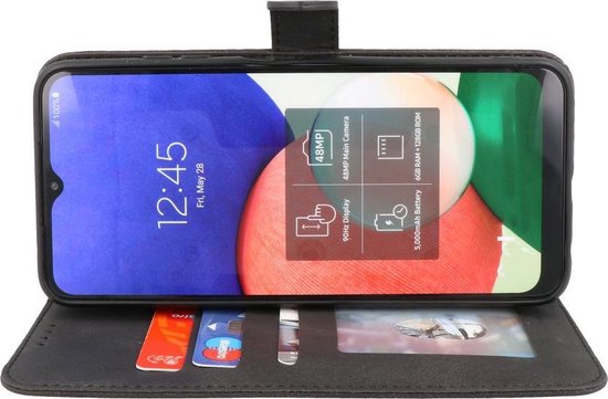 Zwart kunstleren portemonnee hoesje geopend met smartphone, kaarthouders zichtbaar.