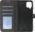 Zwart kunstleren portemonnee hoesje geopend, met kaarthouders en lege smartphone houder.
