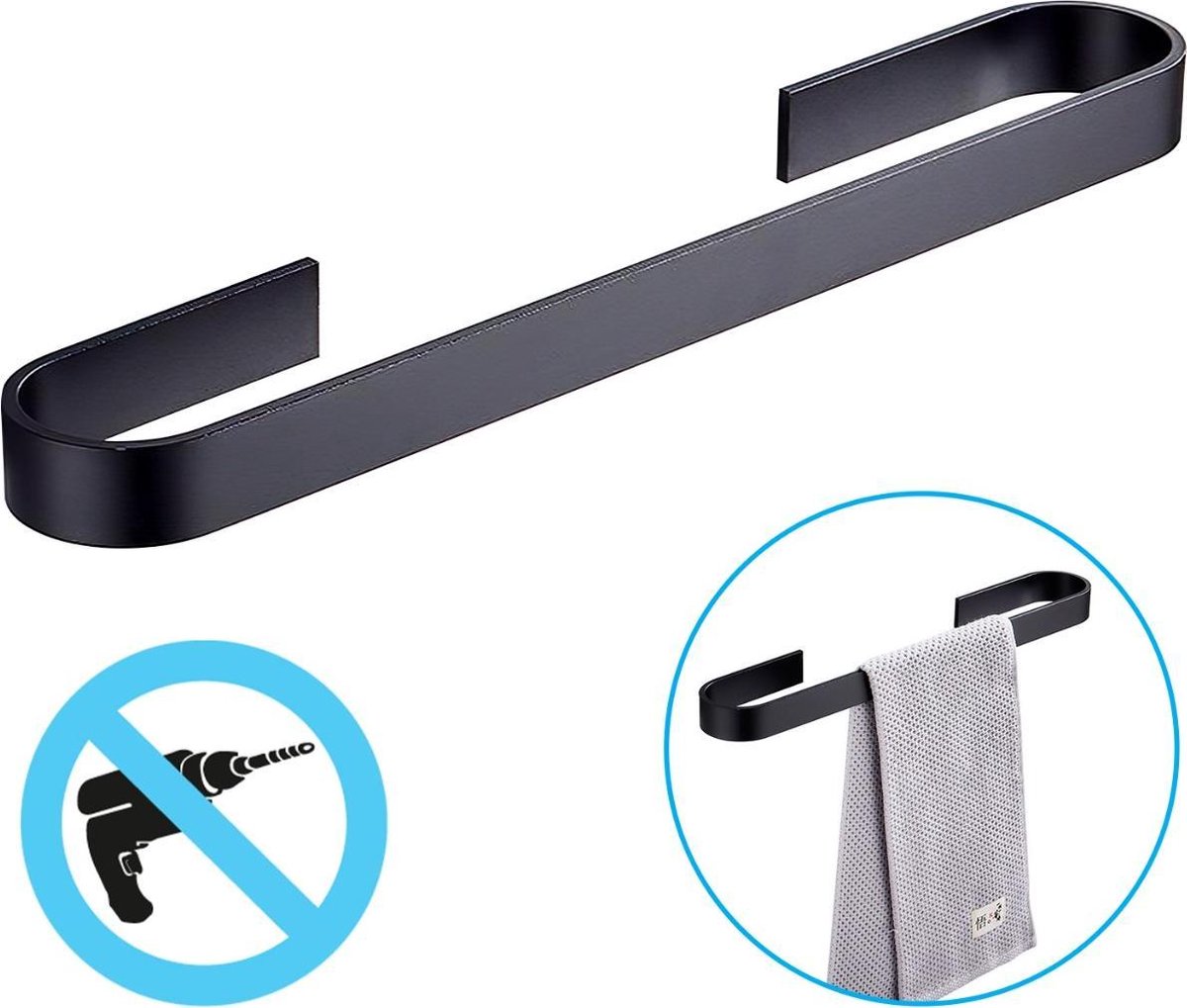 Sanics Handdoekrek Zwart Zonder Boren 45 CM - Zelfklevende Handdoekstang - Handdoekhouder - Badkamerrek voor Handdoeken RVS