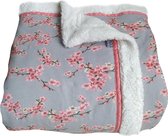 Handgemaakte woondeken of plaid grijs roze met bloesemprint 200 x 150 cm