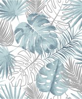 Escapade feuilles de palmier bleu / argent nature (papier peint intissé, argent)