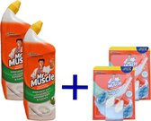 Mr Muscle toiletreiniger 2x750ml WC Gel + 2x Mr. Muscle toiletblokjes marine