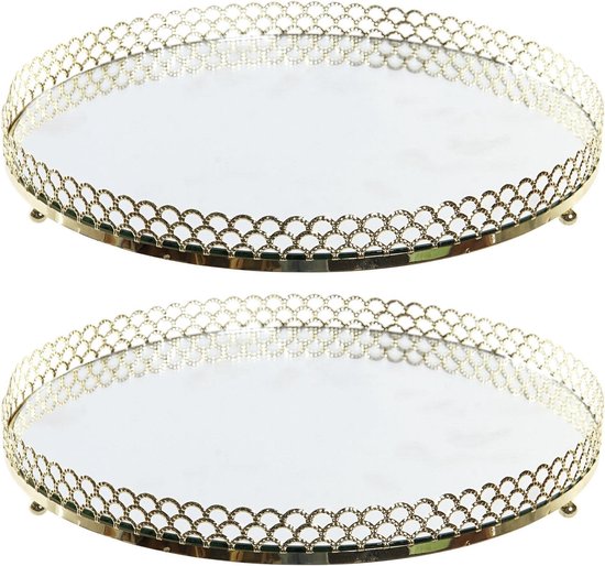 2x stuks ronde kaarsenborden/kaarsplateaus goud met spiegelbodem 25 cm – Onderbord/kaarsenbord/onderzet bord voor kaarsen