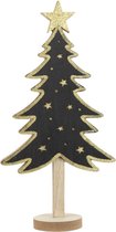 Kerstdecoratie houten decoratie kerstboom zwart met gouden sterren B18 x H36 cm - Kerstversiering kerstbomen met licht