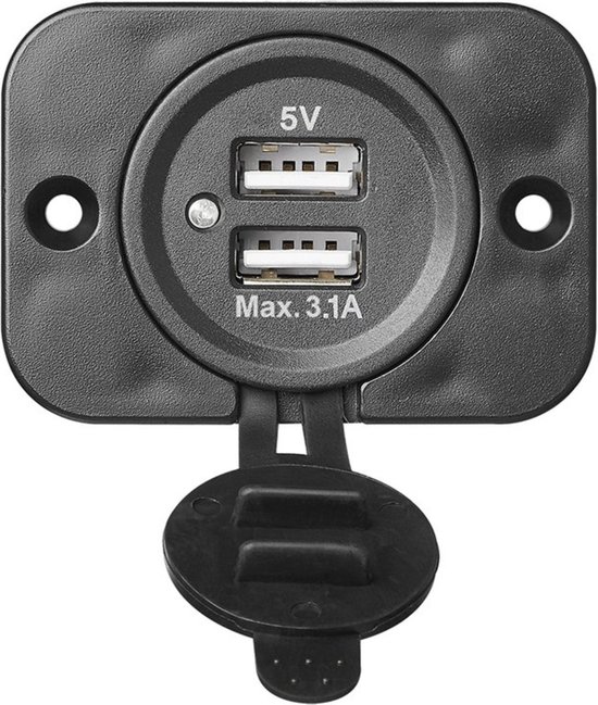 Zwarte dubbele USB-poort met geopend klepje, 5V, 3.1A.