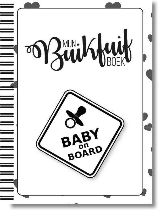 Omslag van een boek met spiraalbinding en hartjespatroon. Titel 'MIJN BUIKFUIF BOEK' en een vierkant 'BABY ON BOARD' teken.