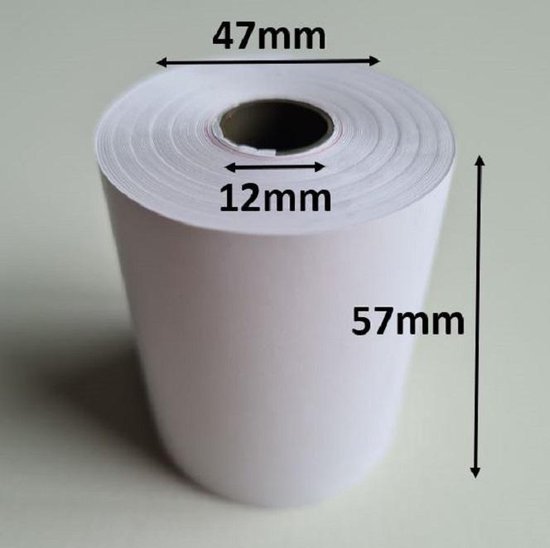 Bonrol 57mm hoog, 47mm diameter, 12mm kern. Witte papierrol.