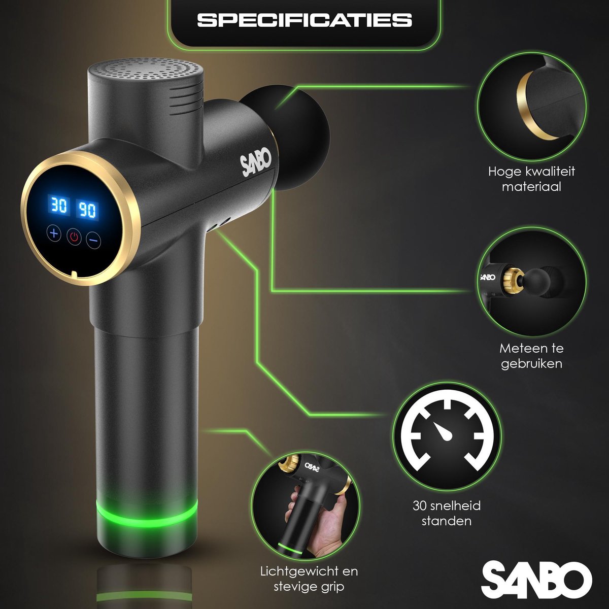 Afbeelding 2 van Sanbo Massage Gun Elite - 30 Standen en 8 Opzetstukken - Ontspanning - Massage apparaat - Professioneel - Massage Pistool - Fitness