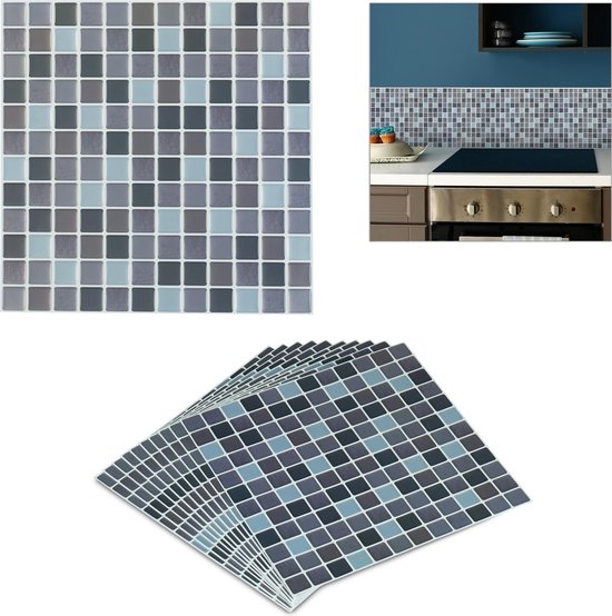 Relaxdays tegelstickers mozaiek - 3d tegels - 10 stuks plaktegels - 23.5x23.5 | bol.com