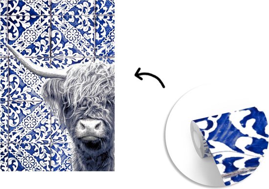 Papier peint - Papier peint photo Bleu de Delft - Highlander écossais - Zwart - Wit - Largeur 180 cm x hauteur 280 cm