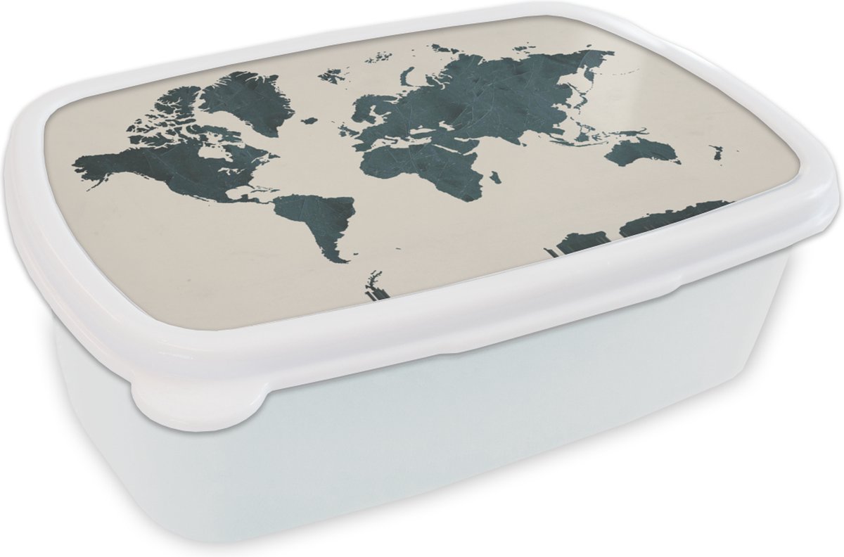 Broodtrommel Wit - Lunchbox - Brooddoos - Wereldkaart - Blauw - Bruin - 18x12x6 cm - Volwassenen