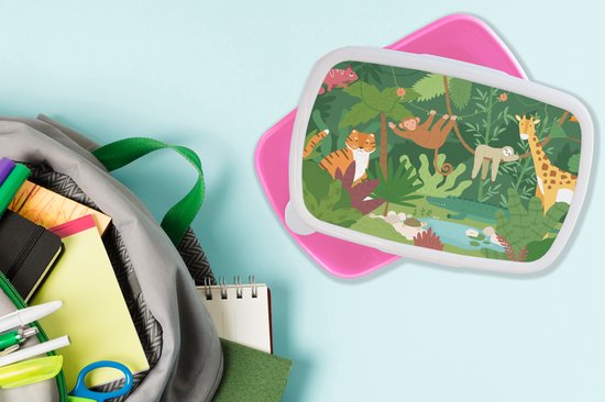 Lunchbox Rose - Lunchbox - Boîte à pain - Jungle - Animaux - Nature - 18x12x6 cm - Enfants - Fille