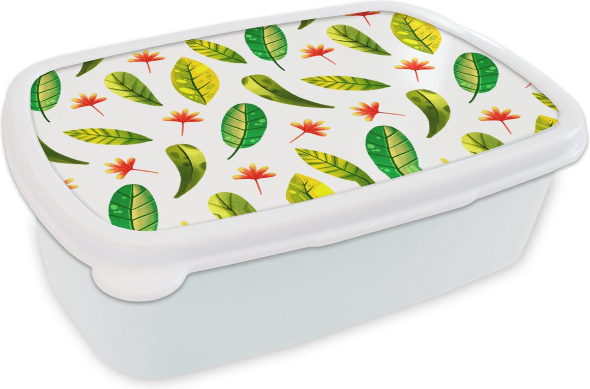 Broodtrommel Wit - Lunchbox - Brooddoos - Jungle - Bladeren - Rood - 18x12x6 cm - Volwassenen