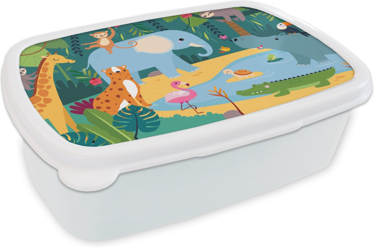 Broodtrommel Wit - Lunchbox - Brooddoos - Jungle - Design - Dieren - Kind - 18x12x6 cm - Volwassenen