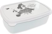 Broodtrommel Wit - Lunchbox - Brooddoos - Europakaart in grijze waterverf met de quote Travel far enough to meet yourself. - zwart wit - 18x12x6 cm - Volwassenen