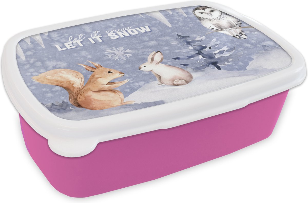 Broodtrommel Roze - Lunchbox - Brooddoos - Winter - Sneeuw - Eekhoorn - 18x12x6 cm - Kinderen - Meisje