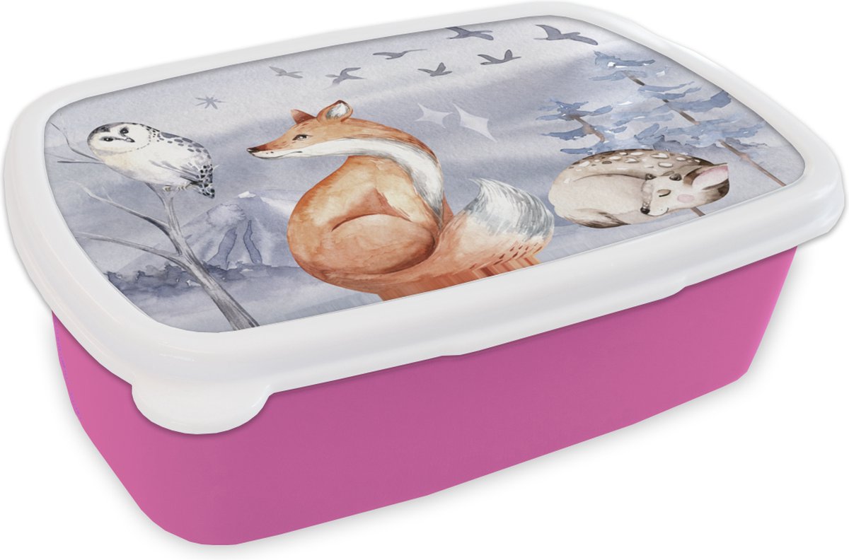 Broodtrommel Roze - Lunchbox - Brooddoos - Winter - Uil - Hert - Vos - 18x12x6 cm - Kinderen - Meisje