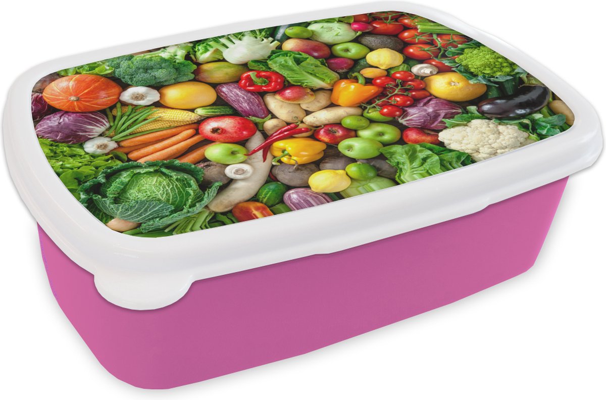 Broodtrommel Roze - Lunchbox - Brooddoos - Fruit - Groente - Appel - 18x12x6 cm - Kinderen - Meisje