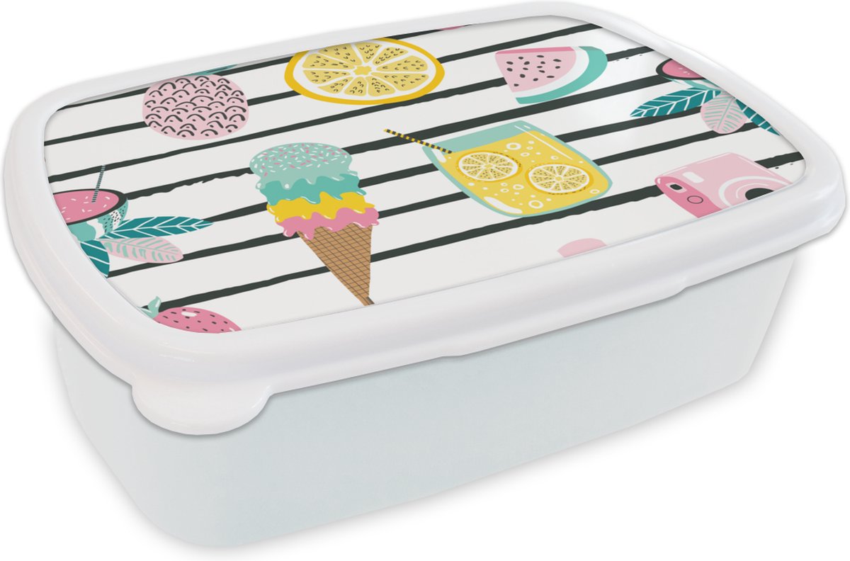 Broodtrommel Wit - Lunchbox - Brooddoos - Zomers - Elementen - Strepen - 18x12x6 cm - Volwassenen