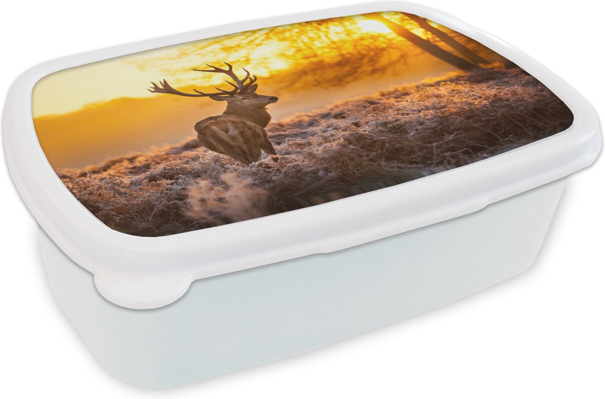 Broodtrommel Wit - Lunchbox - Brooddoos - Hert - Winter - Zonsondergang - 18x12x6 cm - Volwassenen