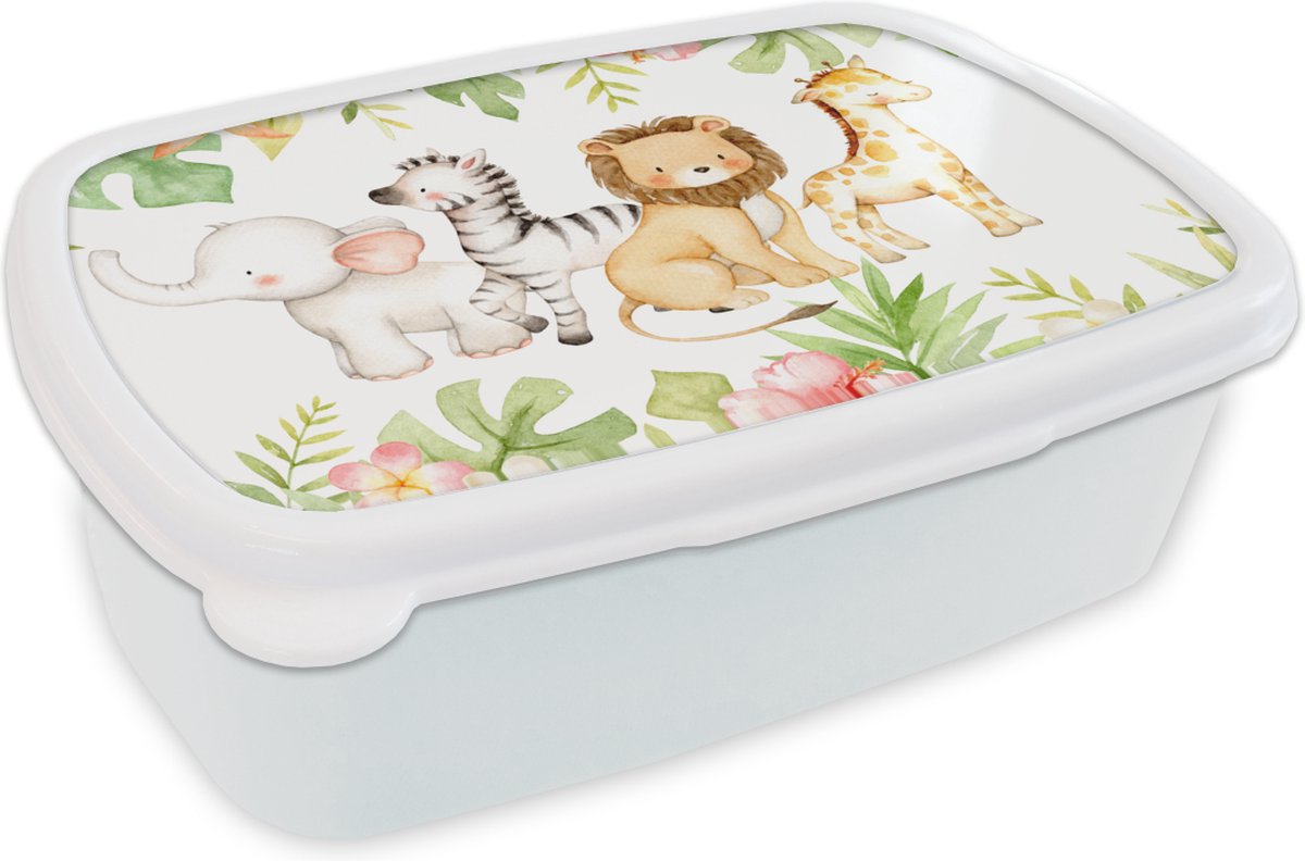 Broodtrommel Wit - Lunchbox - Brooddoos - Jungle - Dieren - Aquarelverf - 18x12x6 cm - Volwassenen