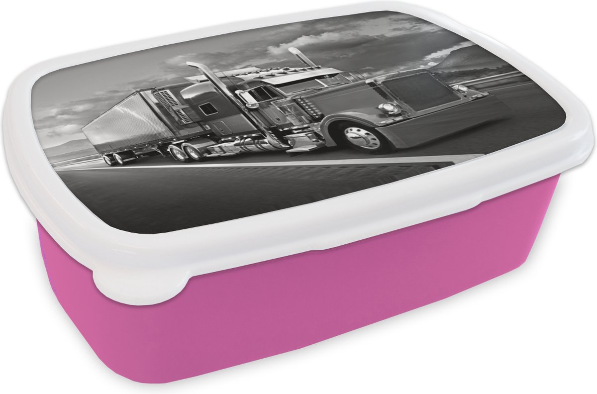 Broodtrommel Roze - Lunchbox - Brooddoos - Vrachtwagen - zwart wit - 18x12x6 cm - Kinderen - Meisje