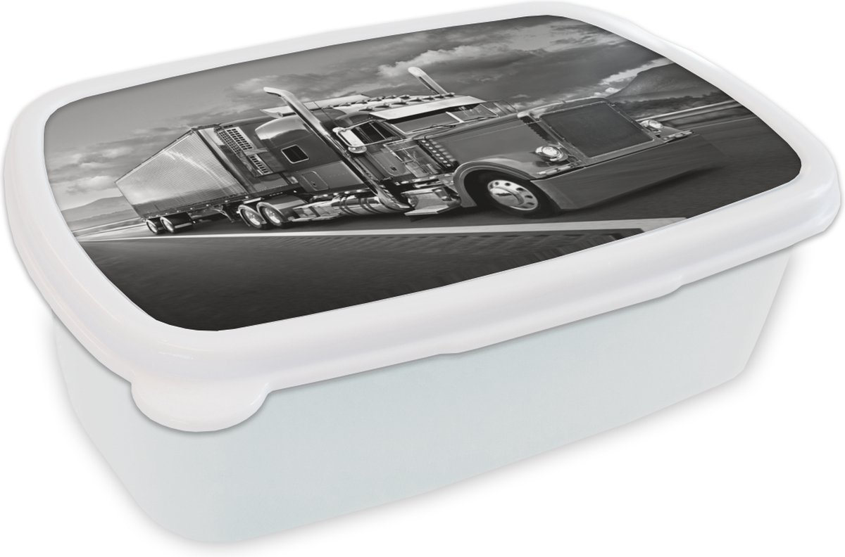 Broodtrommel Wit - Lunchbox - Brooddoos - Vrachtwagen - zwart wit - 18x12x6 cm - Volwassenen