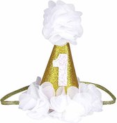 Verjaardag puntmutsje wit/goud 1 jaar - hoed 1e verjaardag - cakesmash - muts - 1 - birthday - wit