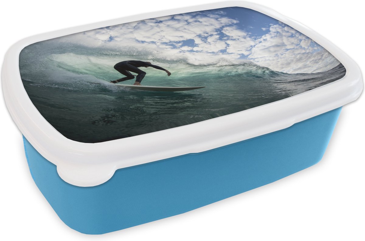 Broodtrommel Blauw - Lunchbox - Brooddoos - Surfer op golfen - 18x12x6 cm - Kinderen - Jongen