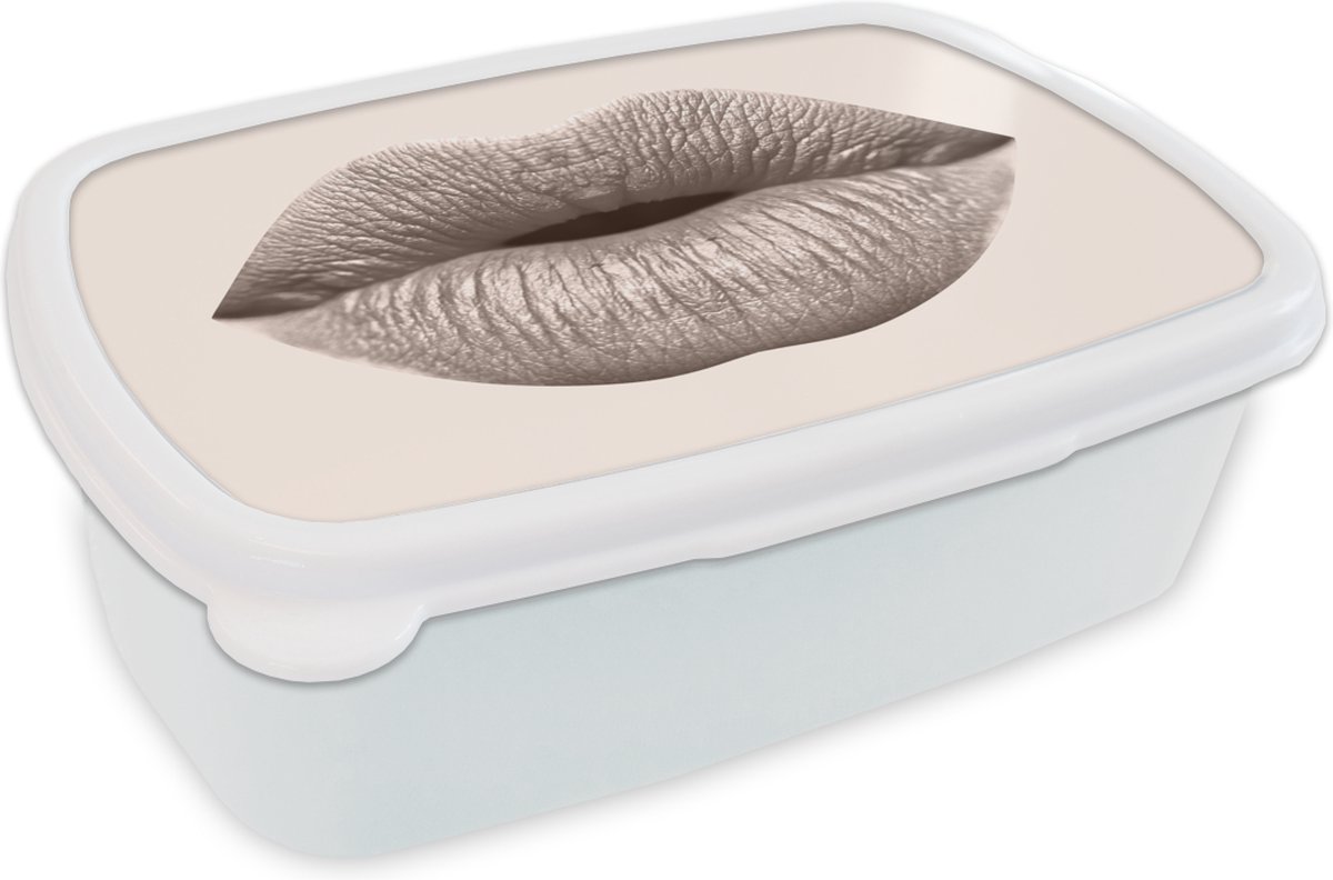 Broodtrommel Wit - Lunchbox - Brooddoos - Lippen - Pastel - Grijs - 18x12x6 cm - Volwassenen
