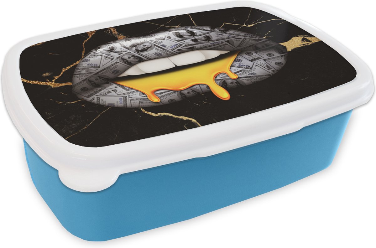 Broodtrommel Blauw - Lunchbox - Brooddoos - Lippen - Geld - Abstract - 18x12x6 cm - Kinderen - Jongen
