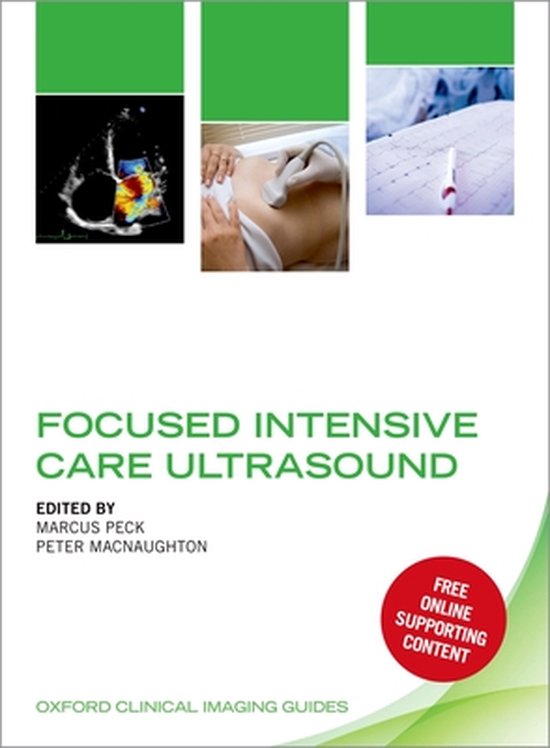 Livre "Focused Intensive Care Ultrasound" avec des images de scans médicaux et une échographie d'abdomen. Contenu de support en ligne gratuit.