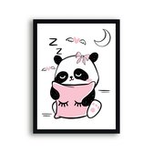 Poster Roze Panda Slapend met Kussen - Hartjes - Meisjeskamer - Babyshower / Geboorte Cadeau - Babykamer - 50x40cm - Postercity