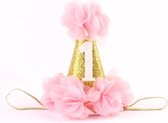 Verjaardag puntmutsje roze/goud 1 jaar - hoed 1e verjaardag - cakesmash - muts - 1 - birthday - roze