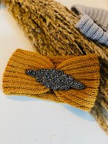 Hoofdband Winter met Glimmend ornament - Gebreide Dames winter haarband - Oorwarmers - Mustard