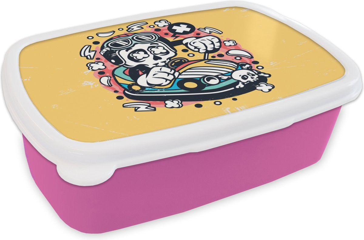Broodtrommel Roze - Lunchbox - Brooddoos - Vintage - Skelet - Auto - 18x12x6 cm - Kinderen - Meisje