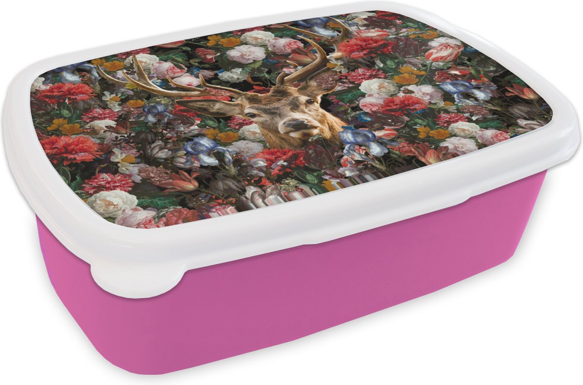 Broodtrommel Roze - Lunchbox - Brooddoos - Hert - Gewei - Bloemen - 18x12x6 cm - Kinderen - Meisje