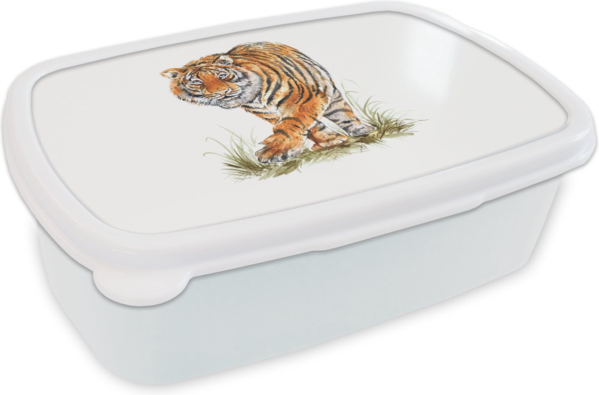 Broodtrommel Wit - Lunchbox - Brooddoos - Tijger - Poten - Wit - 18x12x6 cm - Volwassenen