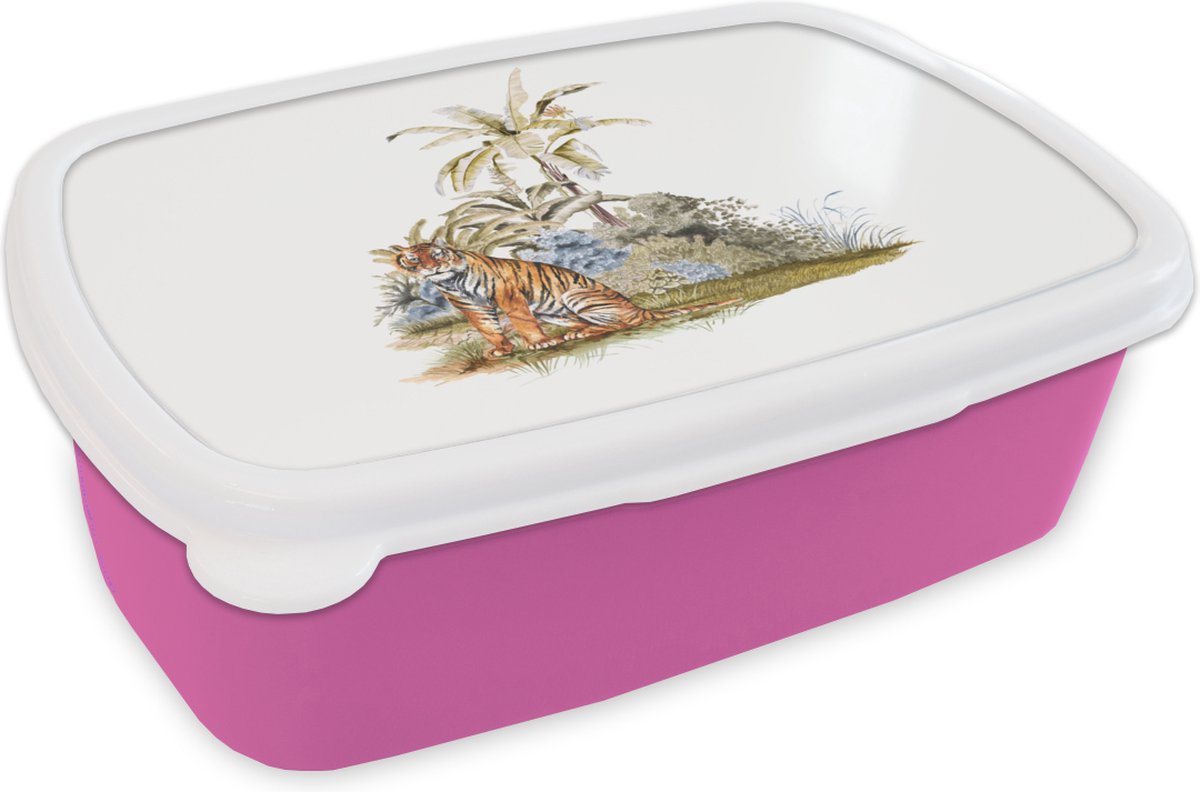 Broodtrommel Roze - Lunchbox - Brooddoos - Tijger - Boom - Wit - 18x12x6 cm - Kinderen - Meisje